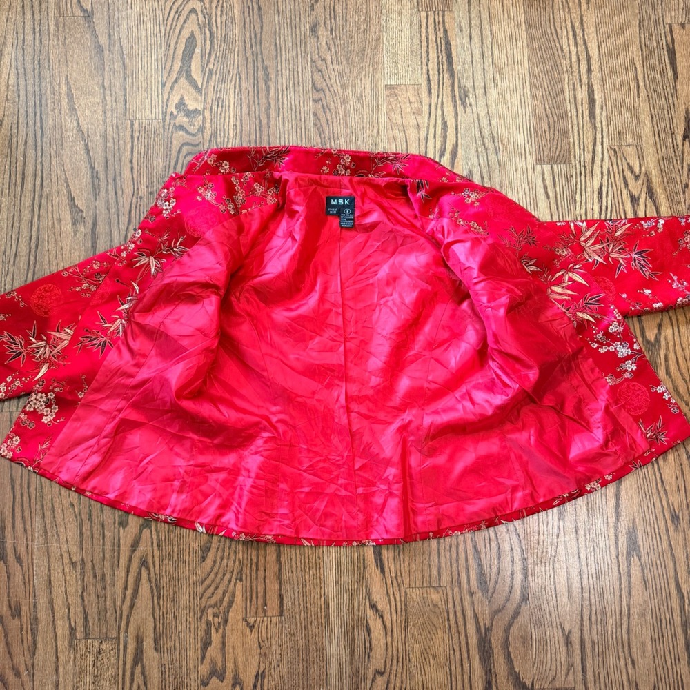 MSK Silk Blend Asian Inspired Floral Bamboo Jacquard Mandarin‎ Jacket 8 Red - Picture 6 of 9
